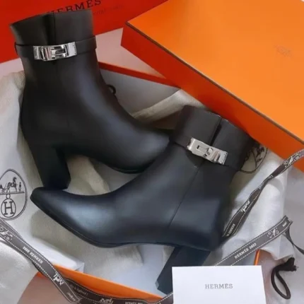 Hermès Saint Germain Ankle Boots – Black Calfskin Leather with Silver Kelly Buckle & Block Heel in Dubai UAE