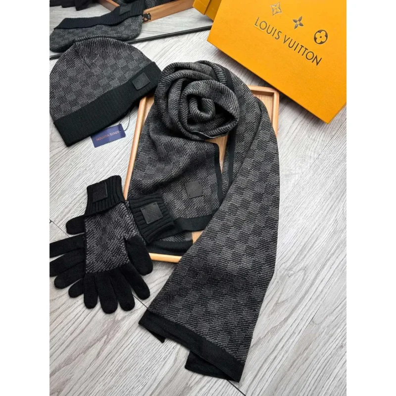 Louis Vuitton Damier Graphite Hat, Scarf & Gloves Set – Luxury Winter Essentials in Dubai UAE