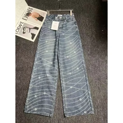 Luxury Designer Wide-Leg High-Waist Denim Jeans – Polka Dot Chain Stitch Palazzo Pants in Dubai UAE