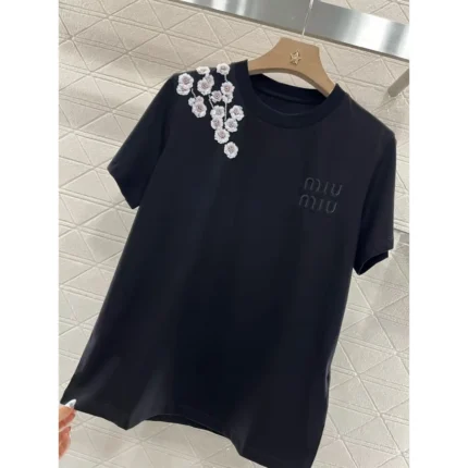 Miu Miu Black Embroidered Floral Logo T-Shirt – Luxury Designer Tee in Dubai UAE