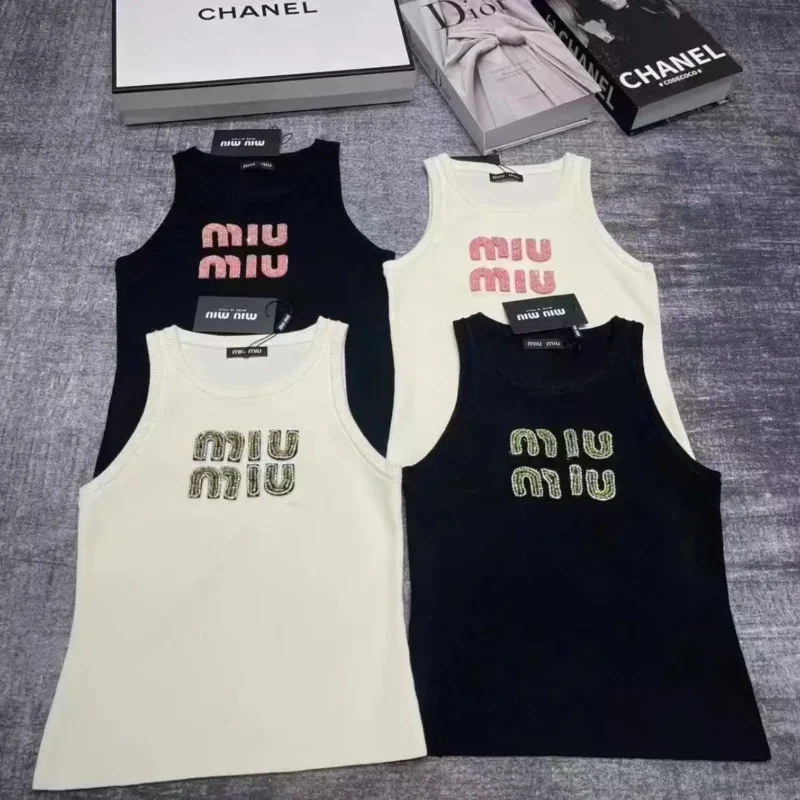 Miu Miu Tank Tops – Logo Sleeveless Tops in Black & White for Preppy Chic Style in Dubai UAE