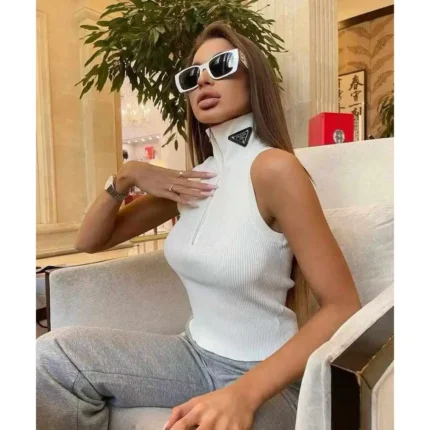 Prada Ribbed Knit Jersey Tank Top – White Sleeveless High-Neck Top with Triangle Logo in Dubai UAE