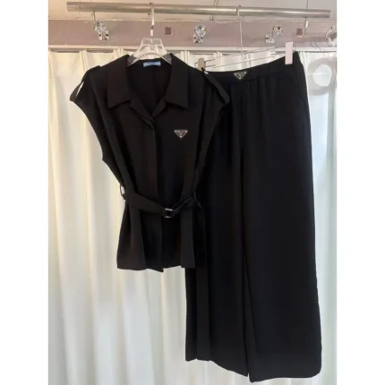 Prada Two-Piece Set – Sleeveless Belted Tunic Top & Wide-Leg Trousers Ensemble in Dubai UAE