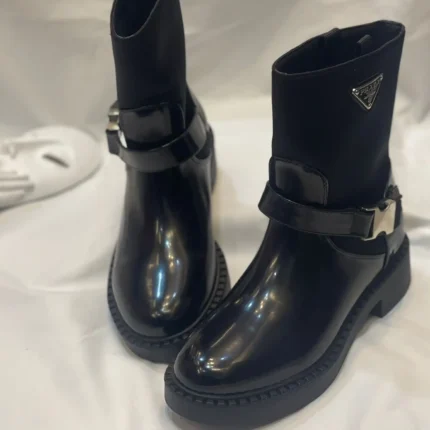 Prada Women’s Black Leather Ankle Boots – Stylish Buckle Strap Design in Dubai UAE