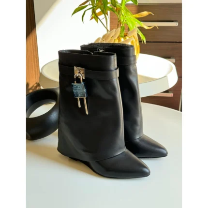 Givenchy Shark Lock Boots – Signature Leather Wedge Boots with Padlock and Clasp Detail